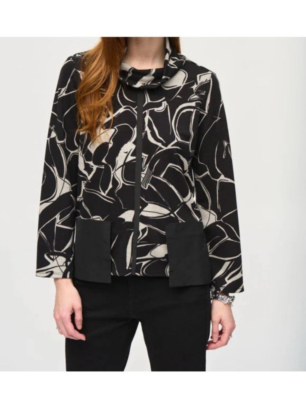 JOSEPH RIBKOFF Cowl Neck Tunic Top Black White Knit  Pockets NEW $199 Sz S/M